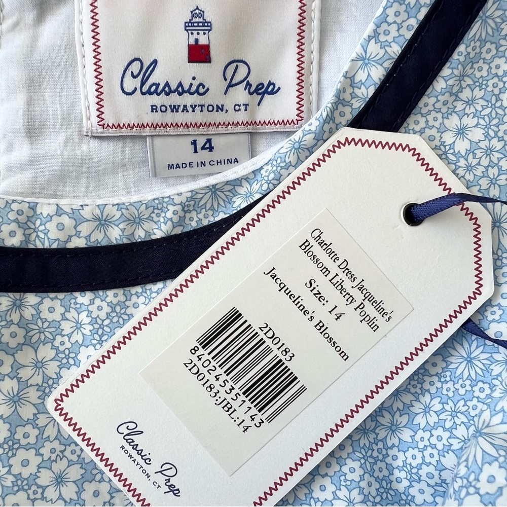 Classic Prep Girls Light Blue Floral Dress with Navy Trim - Picture 4 of 4